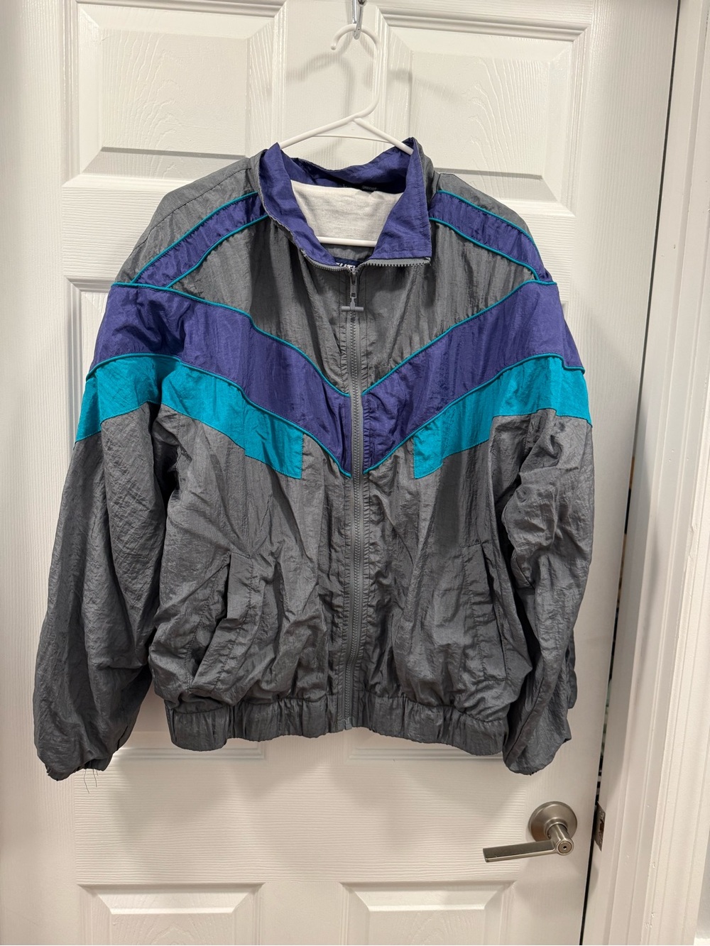 Retro Mighty Mac Windbreaker Jacket in Gray, Teal & Purple Chevron size Large